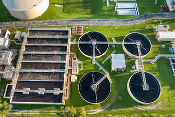 Large-scale industrial water treatment plant purifying and recycling water through filtration and...