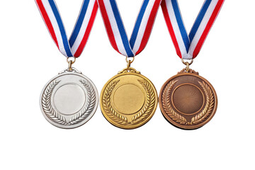 Gold silver and bronze medals with red white and blue ribbons isolated on transparent background