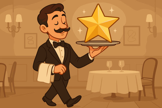 Elegant waiter in tuxedo carrying golden star on tray, symbolizing premium quality service, five-star hospitality, luxury restaurant excellence, customer satisfaction, cartoon vector illustration