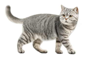 PNG Gray striped domestic cat walking with curious expression