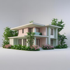 Modern white residential architecture with large windows, a balcony, and a blue sky over a summer garden