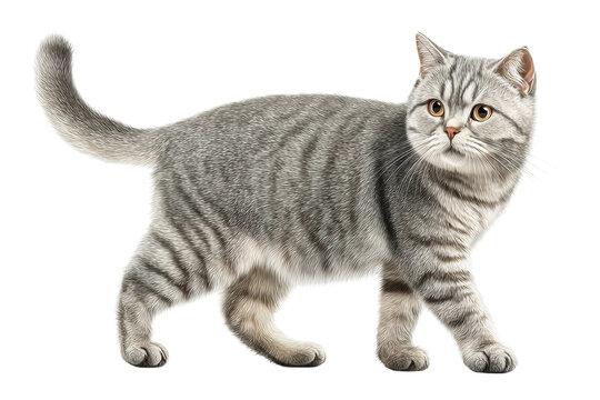 PNG Gray striped domestic cat walking with curious expression