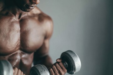Clean composition featuring man engaged in home workout with dumbbells, captured in natural daylight. Useful for wellness platforms, fitness challenges and strength training guides