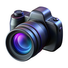 Modern digital camera with colorful lens reflection isolated on transparent background