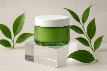 A natural green cosmetic jar with a white lid and fresh leaves, elegantly displayed on a clear block, ideal for beauty and skincare product showcasing