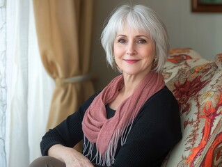 A senior woman with a warm smile, dressed in a casual outfit, sitting comfortably in a armchair in a sitting room.