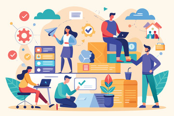 Business teamwork concept vector illustration showing diverse professionals collaborating in a creative workspace with modern technology tools and elements in a light background