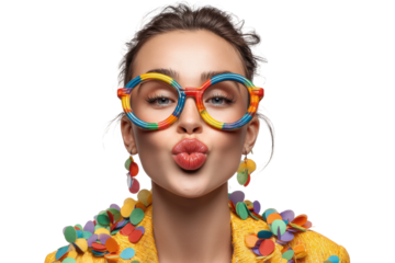 PNG Young caucasian female in colorful outfit and glasses blowing kiss playfully