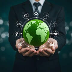 Businessman holding a green earth with environmental icons symbolizing sustainability and eco friendly practices