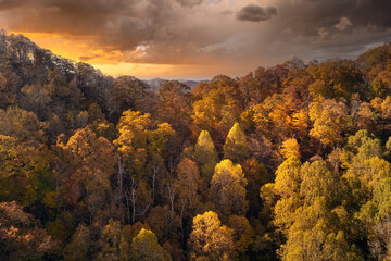 Sunset landscape of Appalachian mountains woods nature in fall season. Colorful forest with yellow...