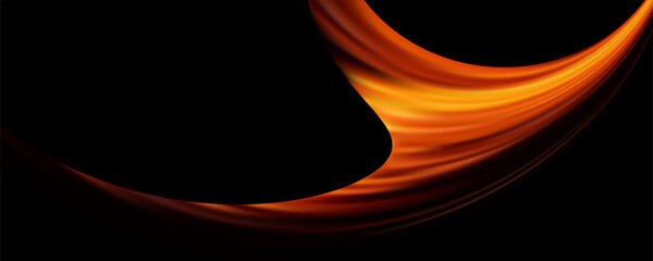 Glowing neon light trail element. Bright red orange speed line wave. Hot luminous curved swirl concept. Abstract bent dynamic motion stripes. Shiny fire streaks for poster, banner, flyer. Vector