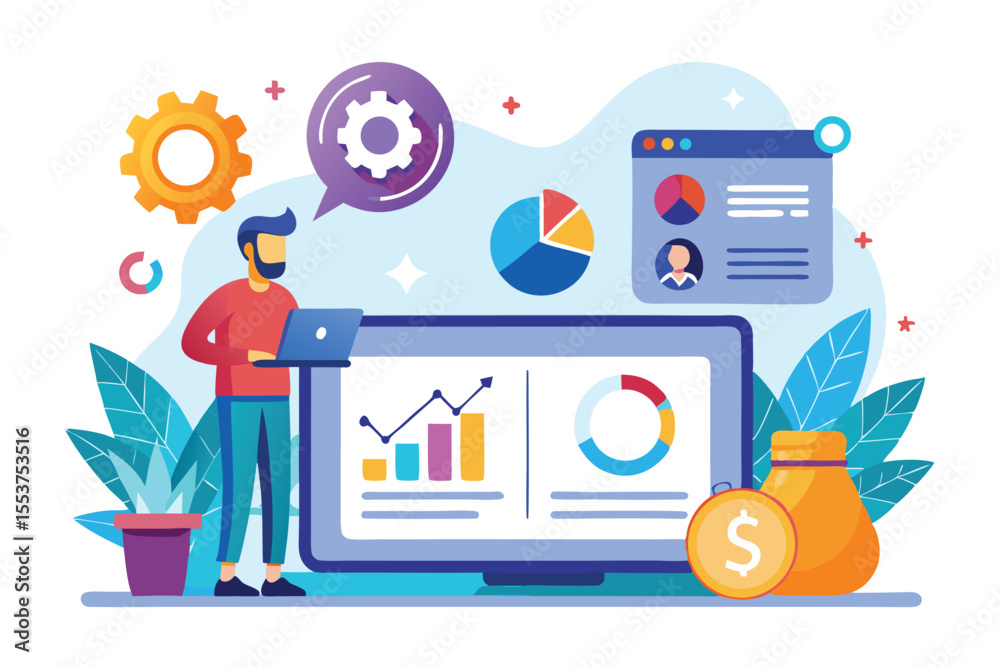 Poster seo performance analysis involves a person using a laptop, analyzing data from different graphs and 