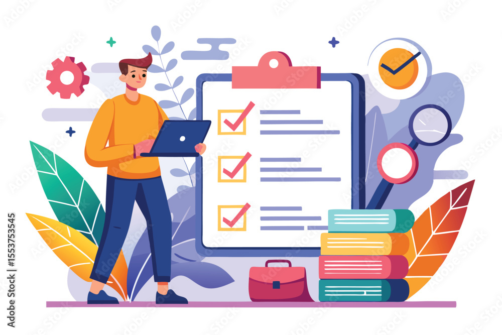 Poster creating an engaging online quiz experience for educational testing with characters and interactive 