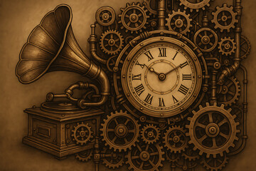 Detailed steampunk clockwork gears and a classic gramophone, representing a fascinating blend of historical and imaginative technology