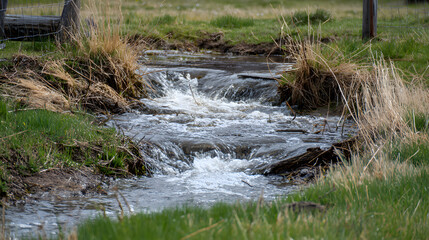 Water flowing across an Acre, A large land unit. through a small ditch or stream.