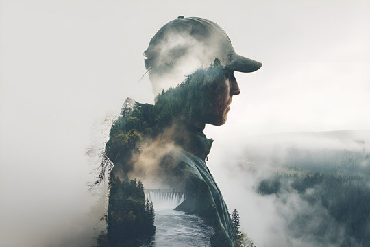 Hiker admiring foggy mountain landscape double exposure effect - Powered by Adobe
