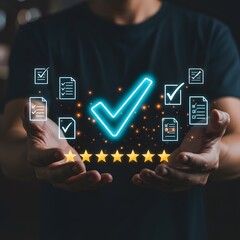 Man holding glowing checkmark and checklist icons with five stars for quality assurance