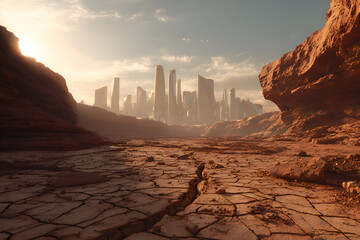 Futuristic city emerging from a barren desert landscape at sunset