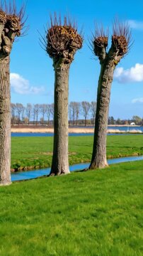 Row of pollard willow trees along a canal with green grass and blue sky on a sunny day in the countryside of the Netherlands