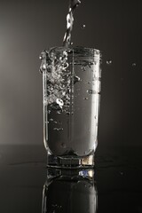 Fresh water splashing out of glass on mirror table against gray background