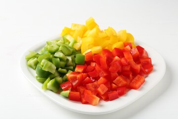 Pieces of fresh colorful bell peppers on white wooden table, closeup