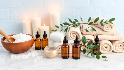 Spa-themed still life with bath salts, amber essential oil bottles, rolled towels, green leaves, lit candles on marble surface against a light blue brick wall. Calm, serene vibe.

