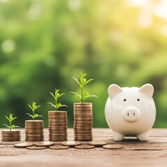 Growing money with plants on stacked coins and a piggy bank
