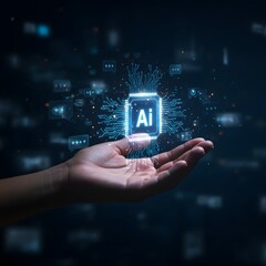 Human hand holding a glowing blue ai chip with digital circuits and data streams