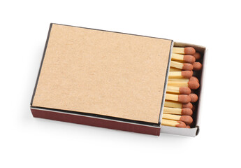 Matches and box isolated on white, above view. Mockup for design