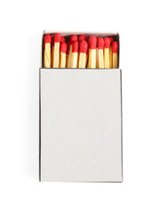 Matches in box isolated on white, top view. Mockup for design