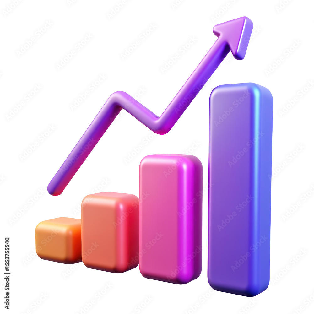 Poster bar graph icon with an upward arrow in vibrant neon holographic style. isolated plastic 3d icon.