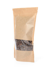 One zipper stand-up pouch with coffee beans isolated on white. Mockup for design