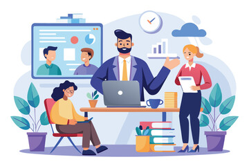 Flat design illustration showcasing a business presentation in a modern office setting with engaged participants discussing ideas and strategies