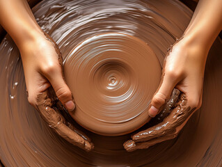 Artisan's Hands Shaping Clay on Potter's Wheel