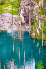 Sunken forest of Lake Kaindy in Kazakhstan. Beautiful mountain natural landscape. A blue lake with tree trunks sticking out of it. Panoramic view of the reserve.