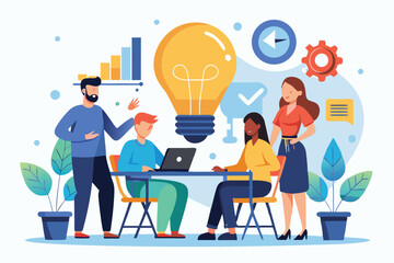 Team collaborates on the idea presentation of a new business project in a modern workspace with visuals and tools to enhance creativity and discussion