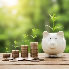 Financial growth concept with growing plants in stacks of coins and piggy bank