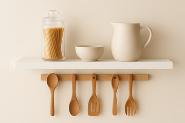 Minimalist kitchen shelf with natural wooden utensils, pasta jar, and ceramic jug, simple and clean design