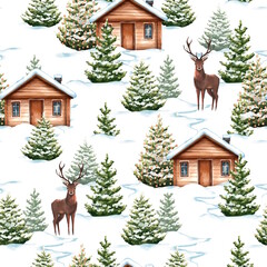 Seamless pattern. Winter Forest illustration with Wooden Cabins and Deer