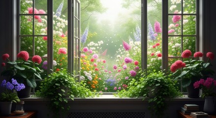 A beautiful and enchanting view through an open window into a magical, dreamlike cottage garden bursting with an abundance of colorful flowers. © Farhan