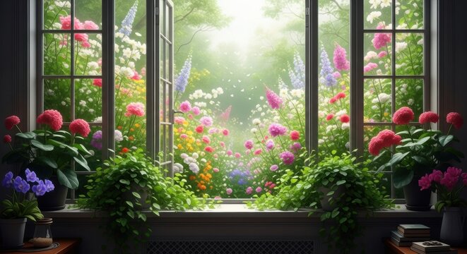 Fototapeta A beautiful and enchanting view through an open window into a magical, dreamlike cottage garden bursting with an abundance of colorful flowers.