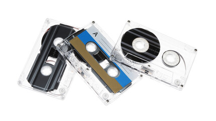 Audio cassettes with magnetic tapes isolated on white