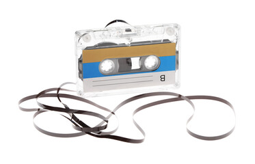 One audio cassette with magnetic tape isolated on white