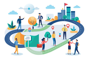 Illustration showcasing the main stages of the project management process with diverse characters and elements in a vibrant city landscape