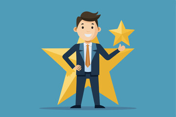 Confident businessman celebrates success with a star emblem while standing against a blue background