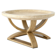A modern round coffee table with a beige stone top and curved wooden base isolated on transparent background