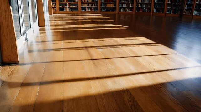 Sunlight casts shadows on polished wooden floor