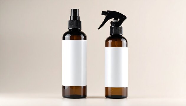 Two Brown Glass Spray Bottles With Black Triggers And Blank White Labels Beige Background