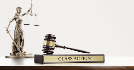 Class Action:: Judge's Gavel as a symbol of legal system, Themis is the goddess of justice and wooden stand with text word