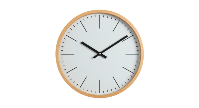 A stylish, minimalist wall clock showing the time on a white face against a dark background.